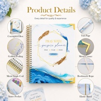 Agenda personnalisé B5 avec couverture en papier bleu, spirale simple, dorure à chaud, impression couleur, pour la prière et la planification, 2026 2027, avec coins métalliques et boîte