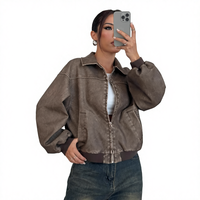 Veste en cuir à manches longues vintage américaine, effet usé, haut, printemps 2025, nouveau style rétro, col châle ample, col mandarin