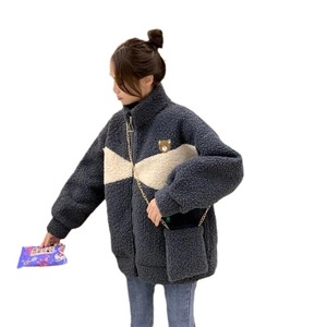 Women's Winter Loose Stand Collar Faux Fur Coat With Bear Design Warm Zipper Jacket White Gray Apricot Black - Product Image 5