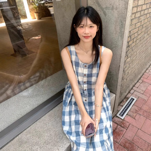 Retro Japanese Style Plaid Sleeveless A-Line Dress For Women Summer Beach Vacation Casual Wear Natural Waist Spaghetti Strap - Product Image 2