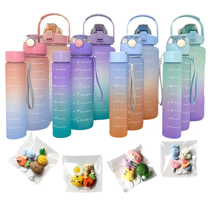 Botol air minum plastik 3 buah dalam 1 set, 2l langsung minum plastik olahraga bebas BPA, set botol air motivasi kebugaran gym bebas BPA isi 3 buah dengan sedotan dan pegangan tangan