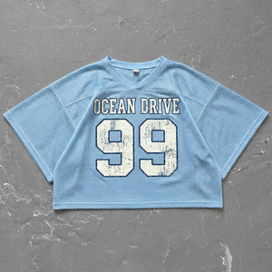 T-shirt court en jersey tricoté surdimensionné pour l'été, style streetwear rétro, respirant, imprimé <span class=keywords><strong>Sunset</strong></span> <span class=keywords><strong>Blvd</strong></span> 21, style football - Product Image 3