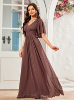 Robe de soirée longue en mousseline de soie haut de gamme, couleur unie, manches papillon, détail plissé sur le devant, coupe trapèze, pour dîners, mariages et fêtes