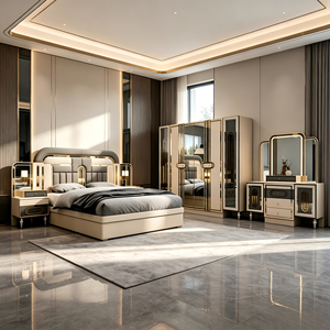 Ensembles <span class=keywords><strong>de</strong></span> chambre à coucher <span class=keywords><strong>de</strong></span> luxe <span class=keywords><strong>de</strong></span> style turc, <span class=keywords><strong>lit</strong></span> double rembourré avec cadre à panneaux, armoire avec miroir, meubles <span class=keywords><strong>de</strong></span> chambre à coucher taille King ou Queen - Product Image 1