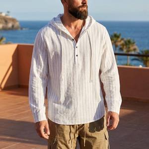 Camisa Henley de Manga Larga con Capucha y Rayas Verticales para Hombre, Mezcla de Lino, con Cordón Ajustable, Informal, para Uso Diario, para Vacaciones en la Playa - Product Image 6