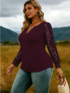 Joyinspring European Style Casual Lace <b>Long</b>-<b>Sleeved</b> Plus Size Women's Loose Fit Button Spring/Summer/Autumn Blouse Milk Fiber - Product Image 6