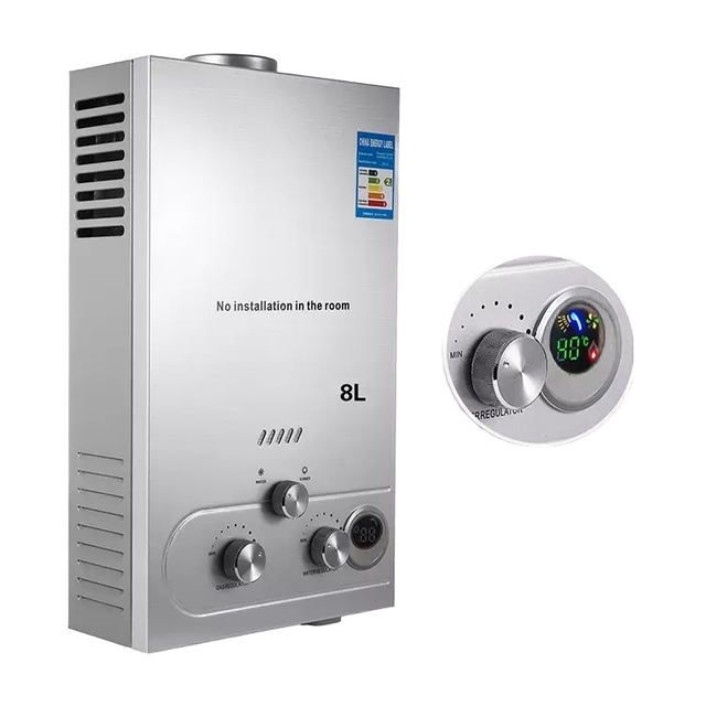 Stainless Steel Tankless Water Heater Propane On-Demand 8L Electric Ignition Outdoor Gas Powered Flue Type Exhaust