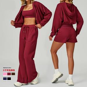 شعار مخصص للنساء 4 قطع Activewear مجموعات الخريف الشتاء سستة هوديي عارضة فضفاض بنطال رياضي البلوز تجريب مجموعات صالة الألعاب الرياضية - Product Image 2