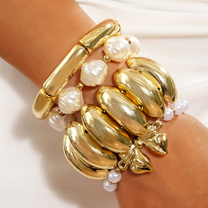 European American Jewelry Fashion Liquid Pleated Metal <strong>Large</strong> Wide Gold <strong>Bracelet</strong> Irregular <strong>Beaded</strong> Geometric <strong>Bracelet</strong> Wholesale - Product Image 3