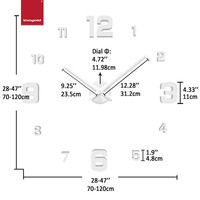 Grande horloge murale DIY argentée, autocollant miroir acrylique, mouvement à quartz silencieux, sans cadre, décoration pour salle de réunion, bureau, vente en gros, 120 cm