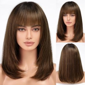 KKU 16 pollici per donna marrone capelli umani lisci a strati parrucca con frangia realismo naturale senza colla lunghezza allungata 34 pollici - Product Image 1