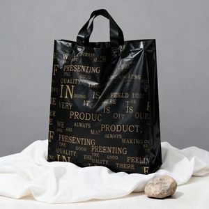 Glossy Black Gold Letter Print PE <b>Plastic</b> Tote <b>Bag</b> Shopping Carry <b>Bag</b> <b>for</b> Clothing Boutique Garment <b>Packaging</b> - Product Image 1