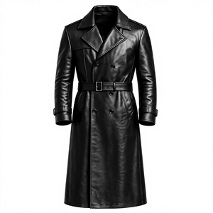 <b>Men</b> Genuine Leather <b>Long</b> Trench <b>Coat</b> Notched Lapel Double Breasted With Belt Regular Fit - Product Image 1