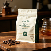 Sachet de café personnalisé à fond plat avec soufflet latéral, fermeture éclair et valve unidirectionnelle pour grains de café