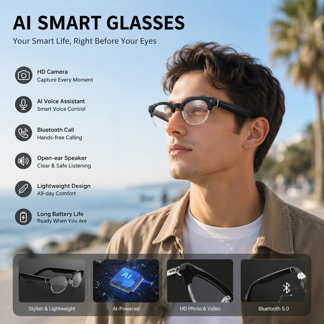 Half-Frame AI Camera Smart Glasses 8MP 1200P HDR Video DeepSeek Real-Time Translation ENC  WiFi Open Ear for Driving