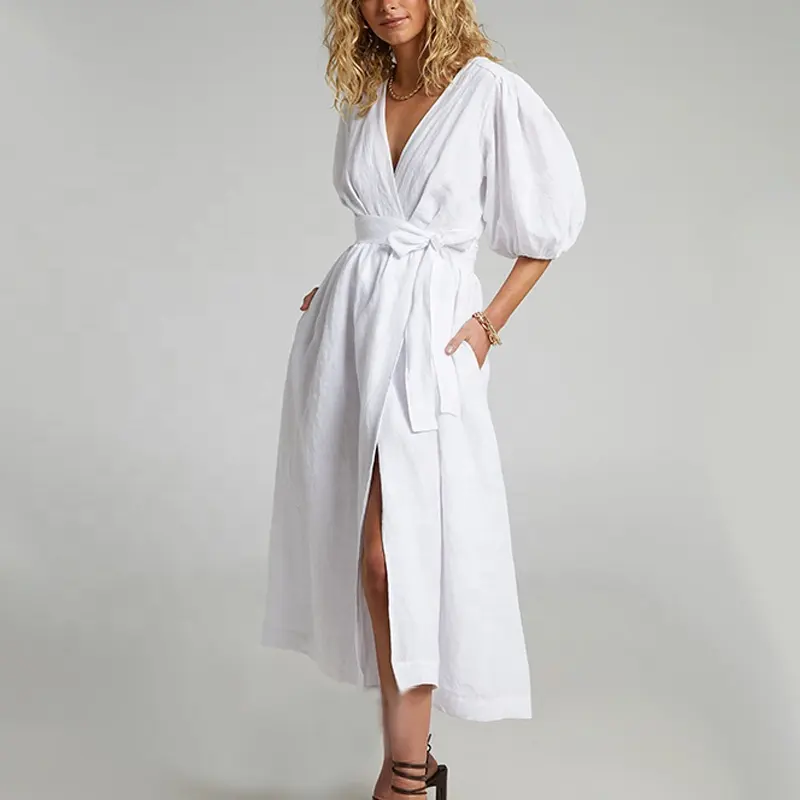 Robe en lin personnalisée col en V fendue sur le devant manches bouffantes robe midi portefeuille robe midi en lin pour dames avec poches