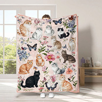 Selimut Flanel Motif Kucing Kupu-kupu, Lembut Hangat Nyaman untuk Sofa Tempat Tidur, Selimut Hadiah untuk Pecinta Kucing dengan Pola Bunga dan Anak Kucing yang Lucu