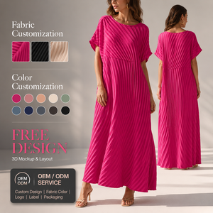 Abito midi da donna personalizzato rosa casual estivo in tessuto diverso, girocollo, senza maniche, vestibilità ampia, vita alta, plissettato, linea ad A, tinta unita - Product Image 1
