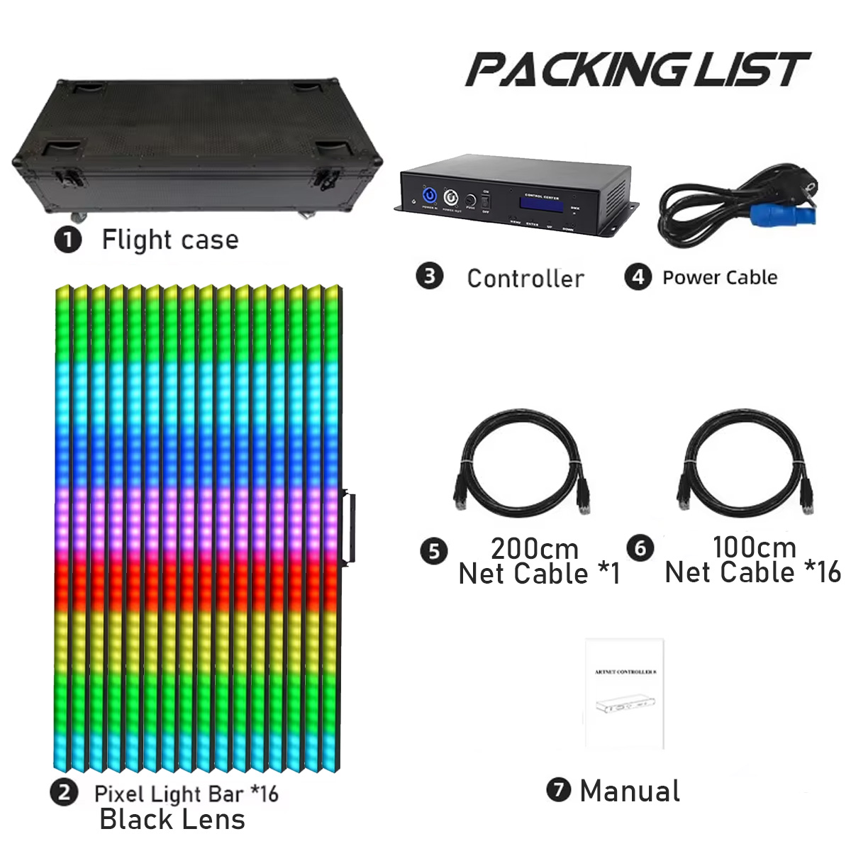 16 Tubos LED Pixel – Lente Negra – Flight Case