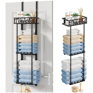 Toallero para colgar sobre la puerta de 3 niveles, negro, organizador multiusos para baño con ganchos y estante - Product Image 1