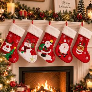 Christmas Fireplace Hanging Stockings-Red White With Plush Cuff Embroidered Snowflake <b>Gift</b> Candy Bag Xmas <b>Sock</b> Sack - Product Image 1