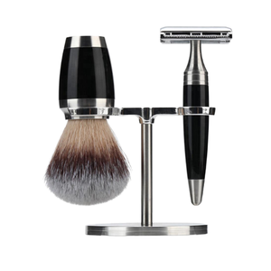 Support de rasage, nouveau design, ensemble de rasage 3 pièces en argent pour hommes, avec le meilleur pinceau à raser en poils synthétiques de blaireau et rasoirs - Product Image 2