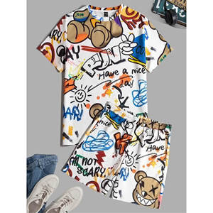 Conjunto corto informal deportivo de verano para hombre, venta al por mayor, tendencia de entrenamiento, estampado en <span class=keywords><strong>Color</strong></span>, dos piezas con mangas cortas transpirables - Product Image 1