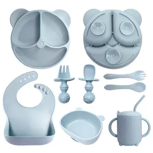 8pcs BPA Free Food Grade Bear Children Kids Baby Divided Silicone Plate Dishes Feeding Spoon Suction Bowl Set