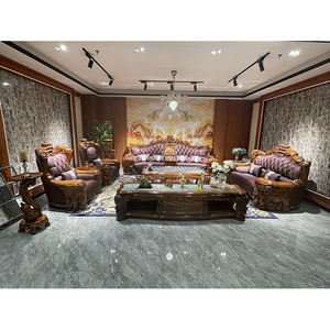 Handgeschnitztes Europäisches Antik-Stil Massivholz-Kingsofa-Set mit Relaxfunktion, Leder, Großes Sofa für Wohnzimmer, Holzsitze - Product Image 1