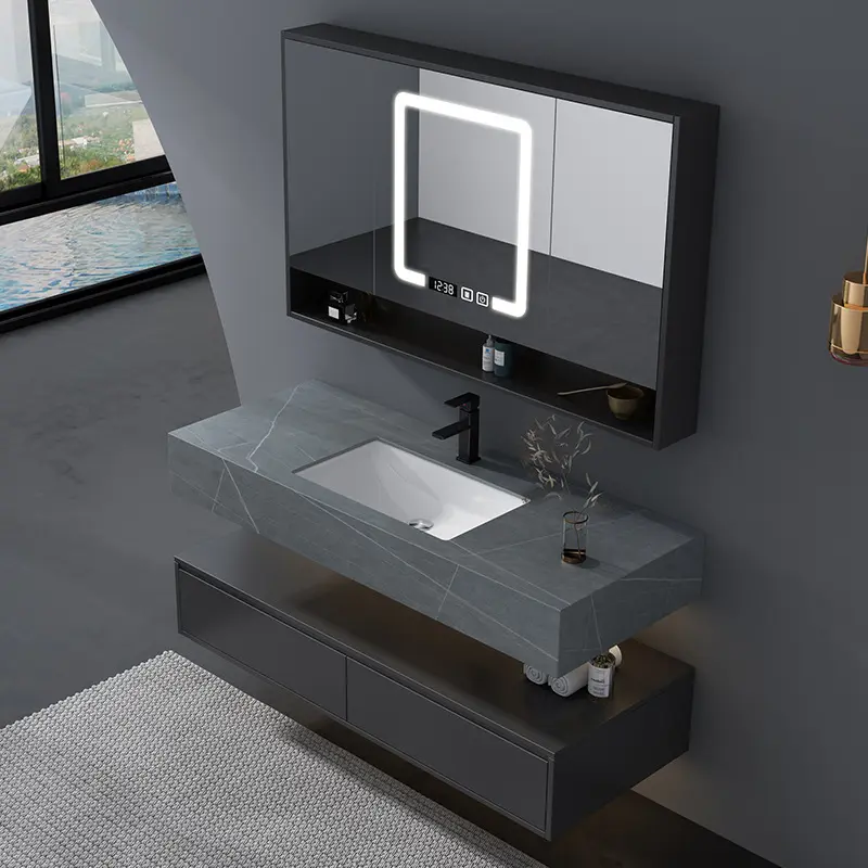 Desain Modern Hotel Dipasang Di Dinding Meja Kamar Mandi Atas Mencuci Tangan Wastafel Vanity Kustom Tahan Air Disinter Batu Vanity Kabinet