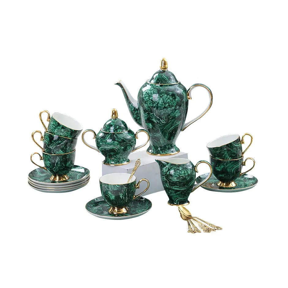 Luxury Ethiopian 21 Pieces Emerald Green Bone China With Saucers Teaspoons Coffee Set Afternoon Tea Pot Service for 6 People