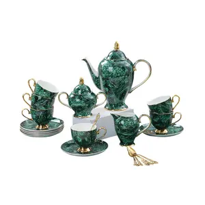 Luxury Ethiopian 21 Pieces Emerald Green Bone China With Saucers Teaspoons Coffee Set Afternoon Tea Pot Service for 6 People
