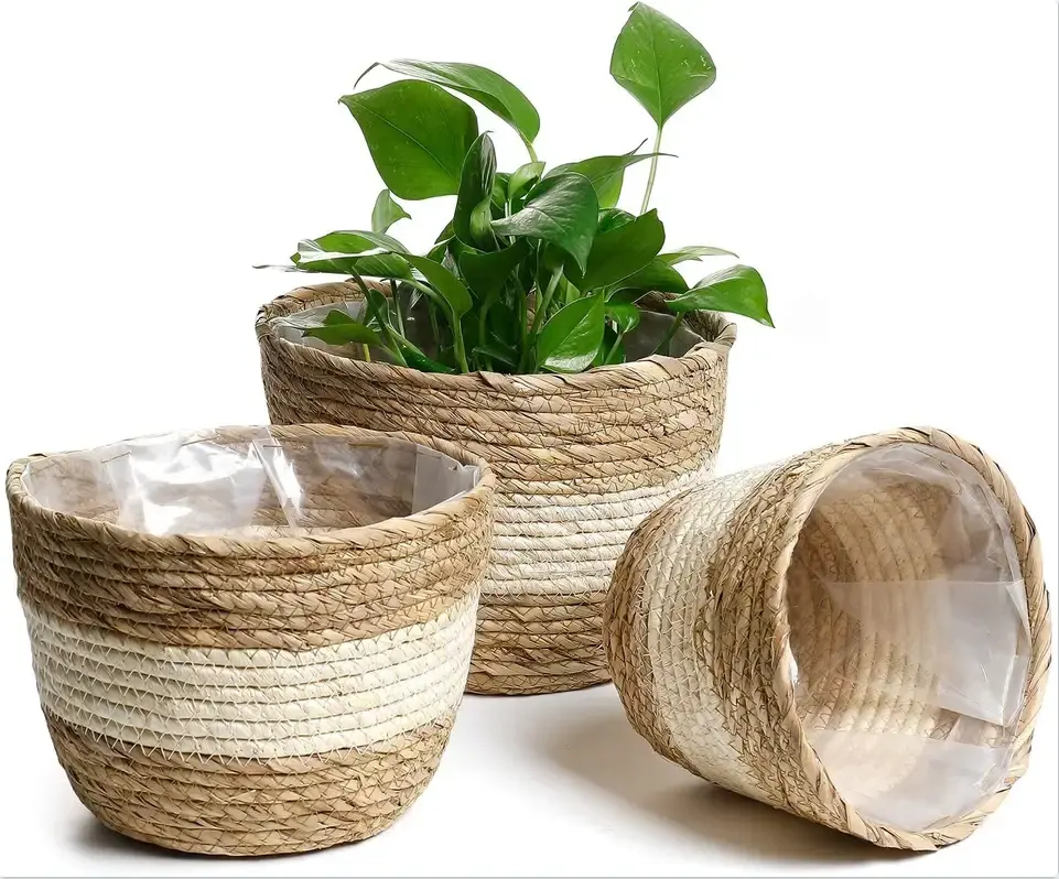 Panier de plantes en jonc de mer, ensemble de 3 paniers tissés à la main, couvercle de Pot de fleur de rangement intérieur et extérieur avec décoration intérieure en plastique