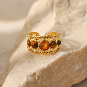 Anillos de Acero Inoxidable con Baño de Oro de 18K, Diseño Moderno, con Cinco Piedras de Ojo de Tigre, Redondos y Huecos, para Mujer - Product Image 4