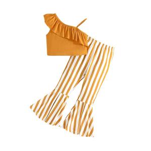 Set Estivo per Bambine, Moda Casual, Nuovo Top con Spalline Arricciato a Righe e Pantaloni a Zampa a Righe, Completo 2 Pezzi - Product Image 5