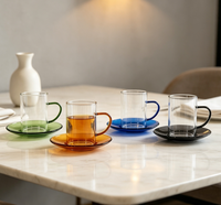 Ensemble de tasses à café en verre borosilicate transparent avec poignée colorée, résistantes à la chaleur, et soucoupes transparentes pour la maison et le thé