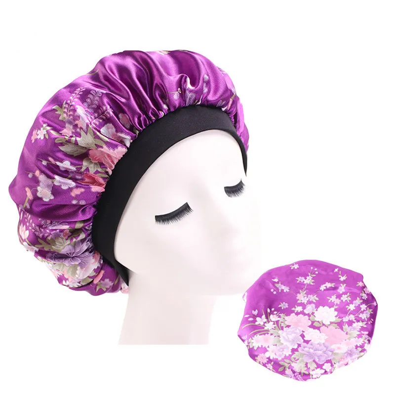 Wholesale Women Sleep Night Cap Wide Band Floral Print Satin Bonnet hat Beauty Hair Care Cap
