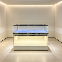 Vitrine de présentation commerciale en acier inoxydable et verre, avec base ouverte pour rangement, pour bijoux, table d'exposition et stand de centre commercial