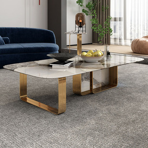 Mesa de Centro Rectangular Gruesa de Madera Contrachapada Curvada Hecha a Mano con Vidrio y Mármol, Patas de Acero Inoxidable con Acabado Dorado Cepillado - Product Image 2