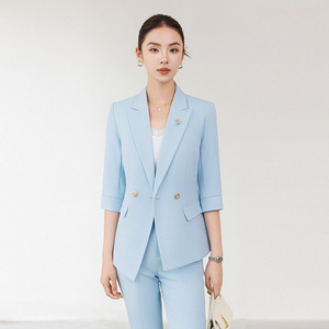 Women's Light Blue Suit <b>Set</b> Three Quarter Sleeve Anti-Wrinkle <b>Office</b> Lady Spring Formal Wear - Product Image 1