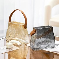 Vase en verre martelé avec poignée en cuir marron, vase à fleurs à large ouverture pour fleurs fraîches, décoration de table, décoration d'intérieur