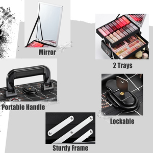 Lockable <b>Makeup</b> Train <b>Case</b> with Mirror, Portable Cosmetic Organizer Box with 2 Trays and Key for Travel <b>Makeup</b> & Nail Tech - Product Image 3
