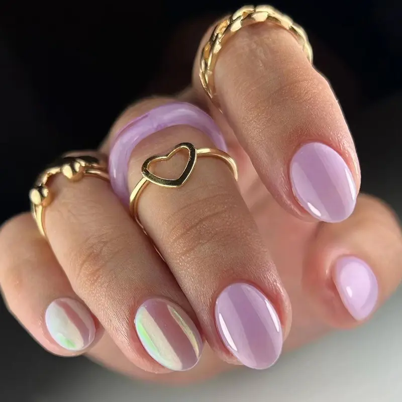 Uñas postizas personalizadas púrpura almendra corta moda no transparente 24 piezas cromo brillante colorido uñas postizas para mujeres