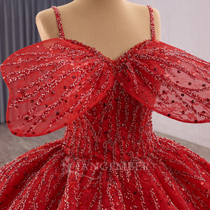 Robes de mariée élégantes à épaules dénudées, en dentelle rouge perlée avec appliques, pour la mariée, robes de mariée à volants, Vestido De Noiva Rsm251019 - Product Image 6