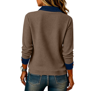 Suéter tipo túnica informal de otoño para mujer, con cuello de mezclilla, manga larga, botones Henley y diseño de patchwork con tejido gofrado. - Product Image 2