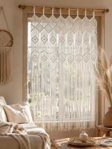 <b>White</b> Macrame Window Curtain Beaded Tassel Decorative <b>Hanging</b> Tapestry for Living Room Bedroom - Product Image 1