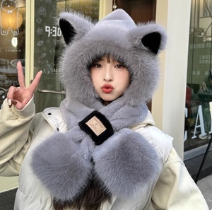Stile coreano Jacquard peluche volpe cappello All-In-One donna autunno inverno ciclismo caldo due pezzi Set <span class=keywords><strong>Wai</strong></span> con cappuccio - Product Image 1