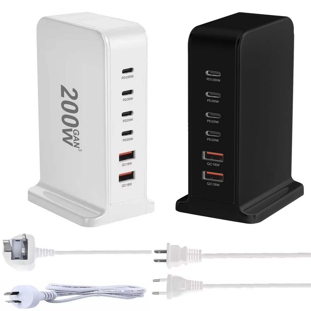 200W GaN PD Charger Dock  6 Ports USB Type C USA EU AUS UK Plug Charging Adapter Mobile Phone Laptop PC Desk Power Supply Stand