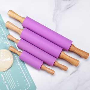 Cấp Thực Phẩm Silicone Cán <span class=keywords><strong>Pin</strong></span> Với Tay Cầm Bằng Gỗ Dùng Một Lần <span class=keywords><strong>Chapati</strong></span>/Pastry Cán Công Cụ Cho Nướng Bánh - Product Image 1
