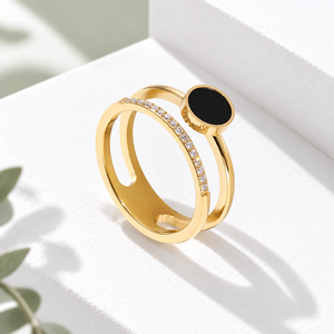 Double Band <b>Ring</b> <b>Stainless</b> <b>Steel</b> 14K Gold Vacuum Plated Zircon double band with black round focal insert and clear zircon row - Product Image 1